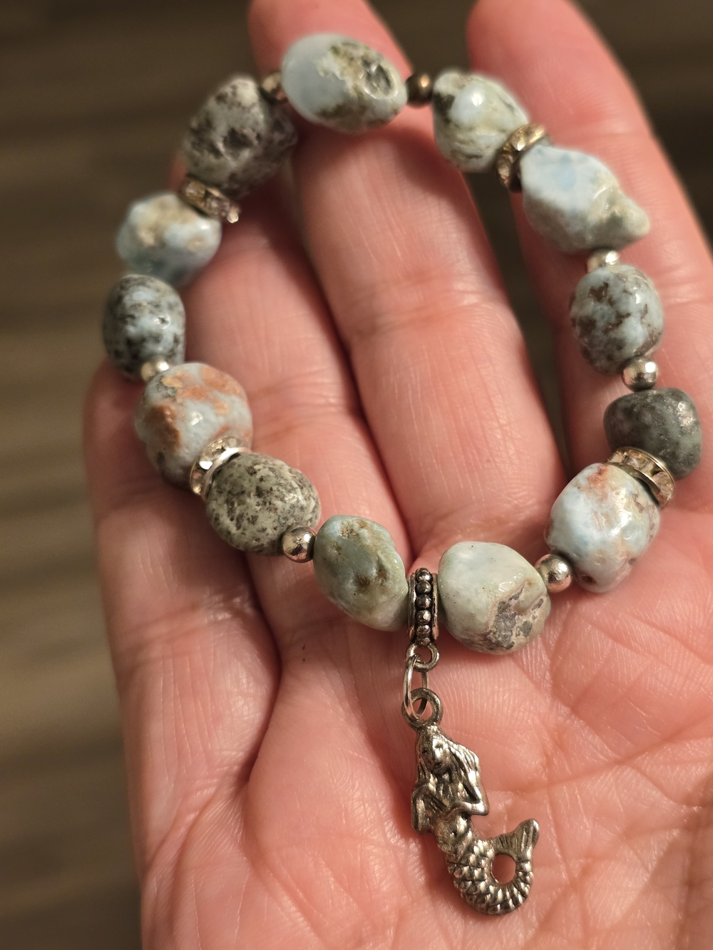 Natural Larimar Stone Stretch Bracelet with Mermaid Charm